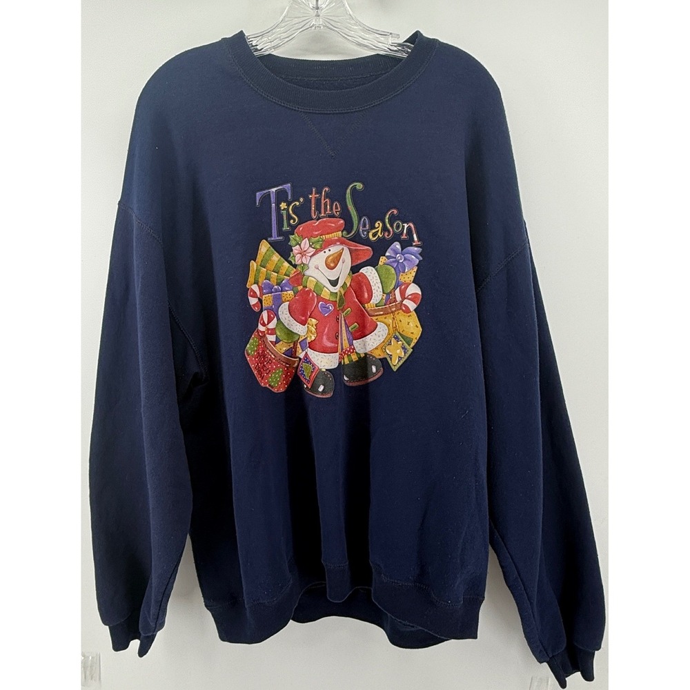 Vintage Jerzees Tis the Season Snowman Christmas Sweatshirt Navy Blue XL